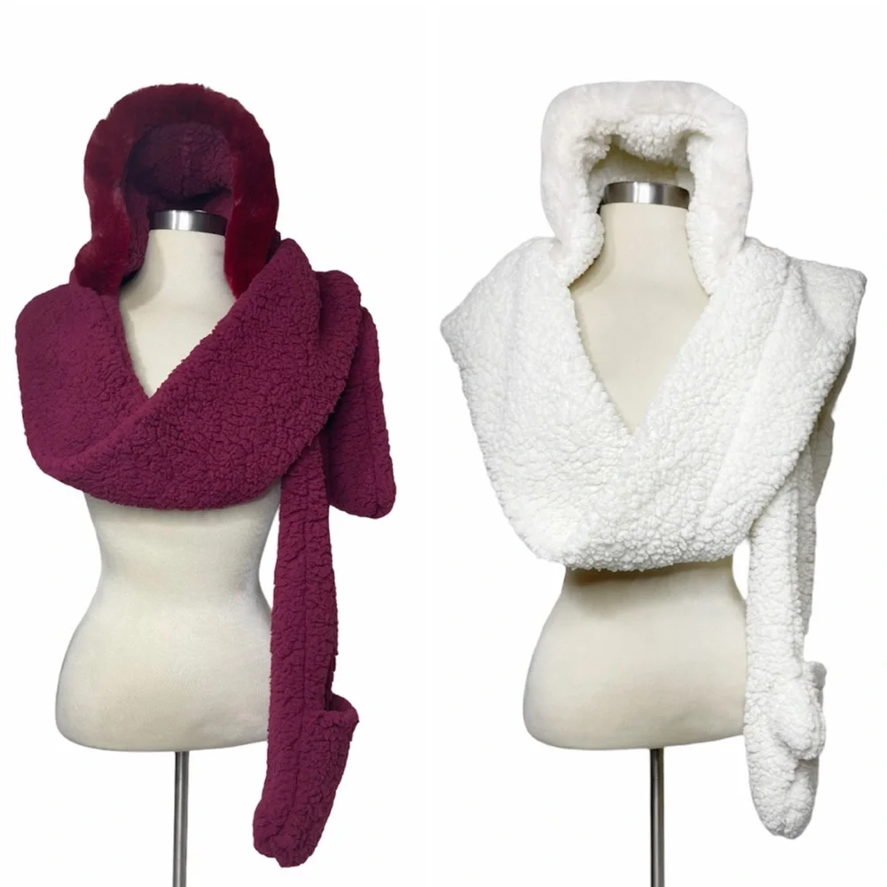 Luxury Hat Scarf Gloves in 1 Set Burgundy Winter White Beige Ivory Womens